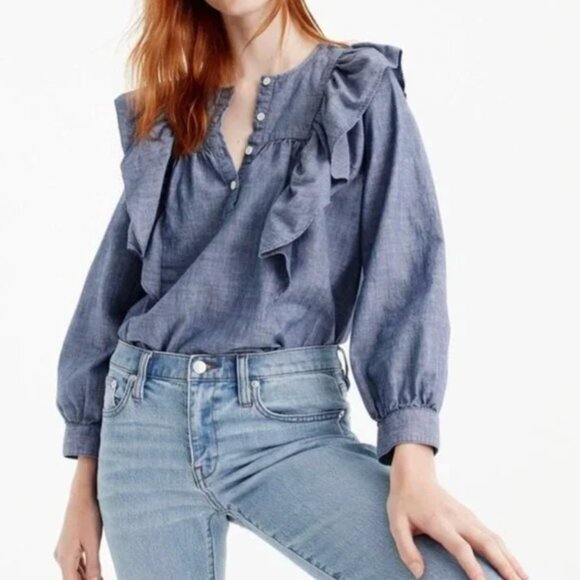 J. Crew Tops - J.Crew Chambray Ruffle Button-Down Blouse - Light Blue - 16